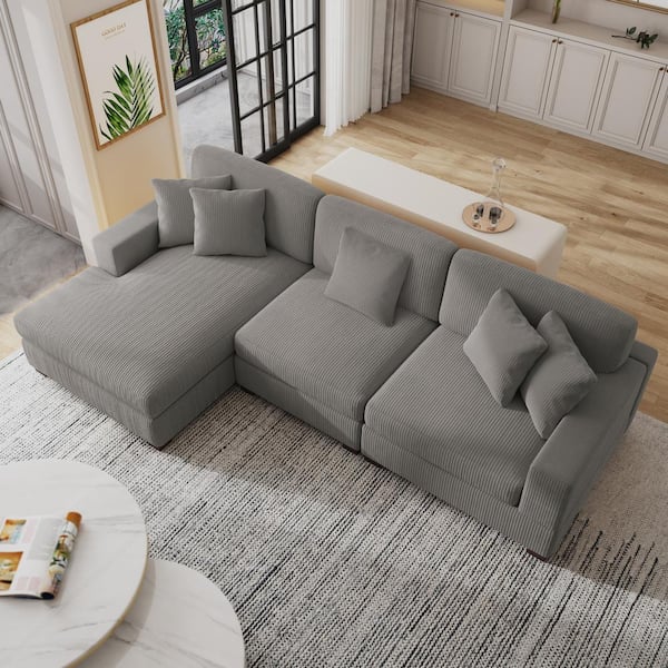 118 in. Square Arm 3-Piece Corduroy Upholstered L-Shaped Sectional Sofa in. Light Gray with Pillows