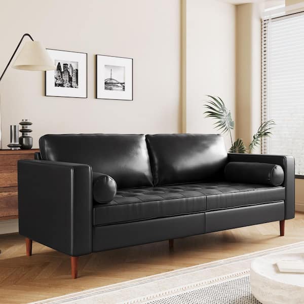 Noble House Barger Midnight Black and Espresso Faux Leather 3-Seats Sofa