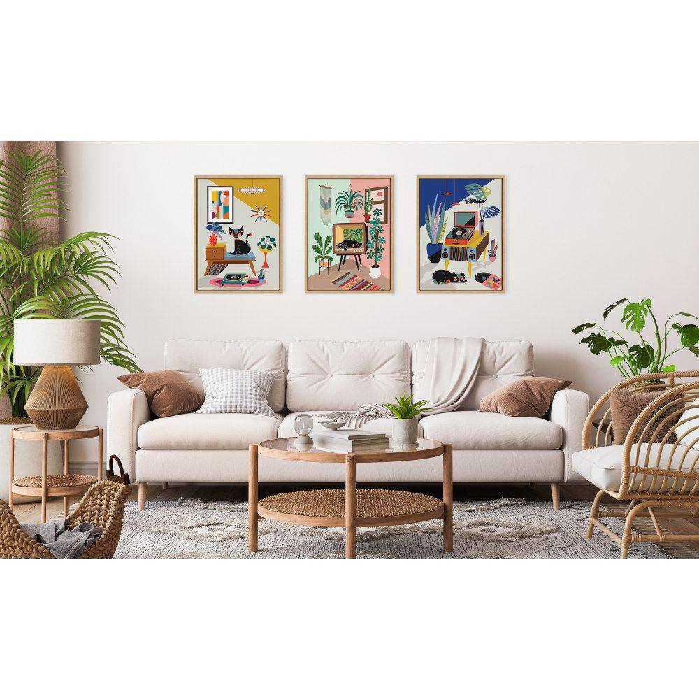 Natural Mid-Century Modern Cat Print Canvas Wall Art Set