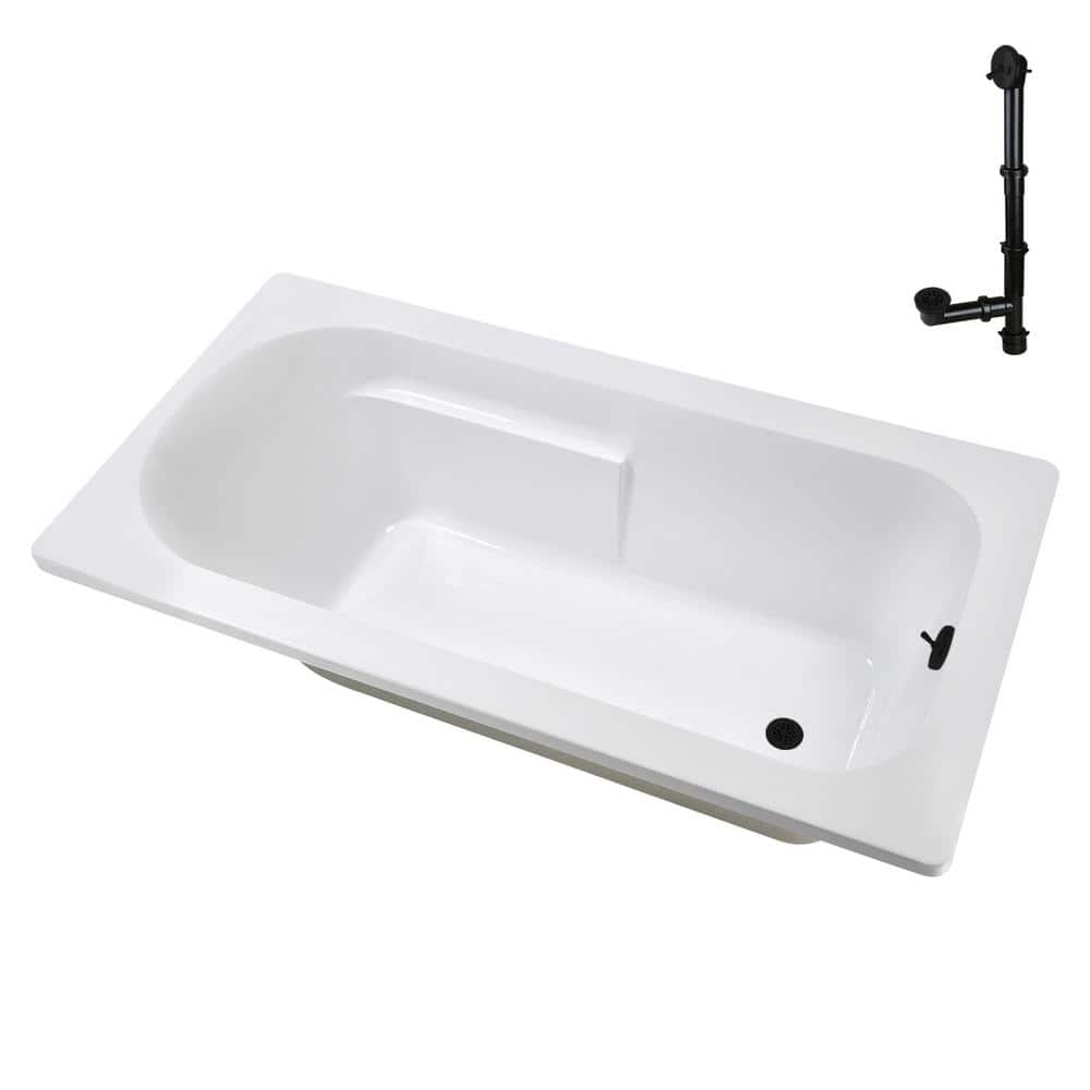 72" x 36" Glossy White Acrylic Drop-In Soaking Bathtub with Matte Black Hardware