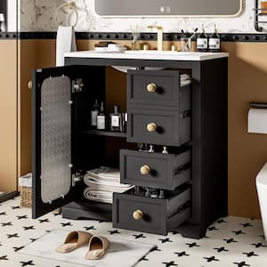 30 in. W Single Sink Freestanding Bath Vanity in Black with White Ceramic Top, shelves, Drawers / Soft Close Glass Door