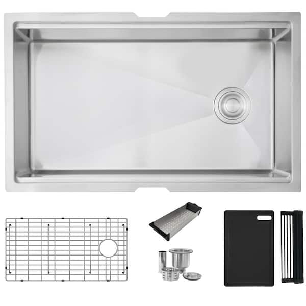 Undermount 33 inch Stainless Steel Single Bowl Workstation Kitchen Sink with Black Accessories