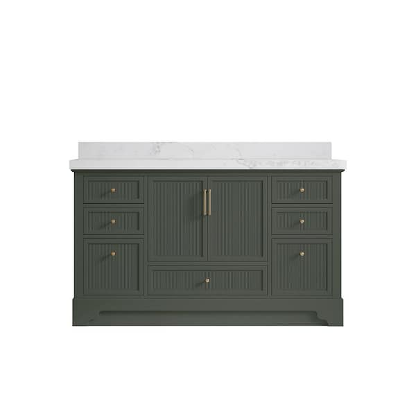 Willow Collections Alys 60 in. W x 22 in. D x 36 in. H Single Sink Bath Vanity in Pewter Green with 2 in. Calacatta Nuvo Quartz Top