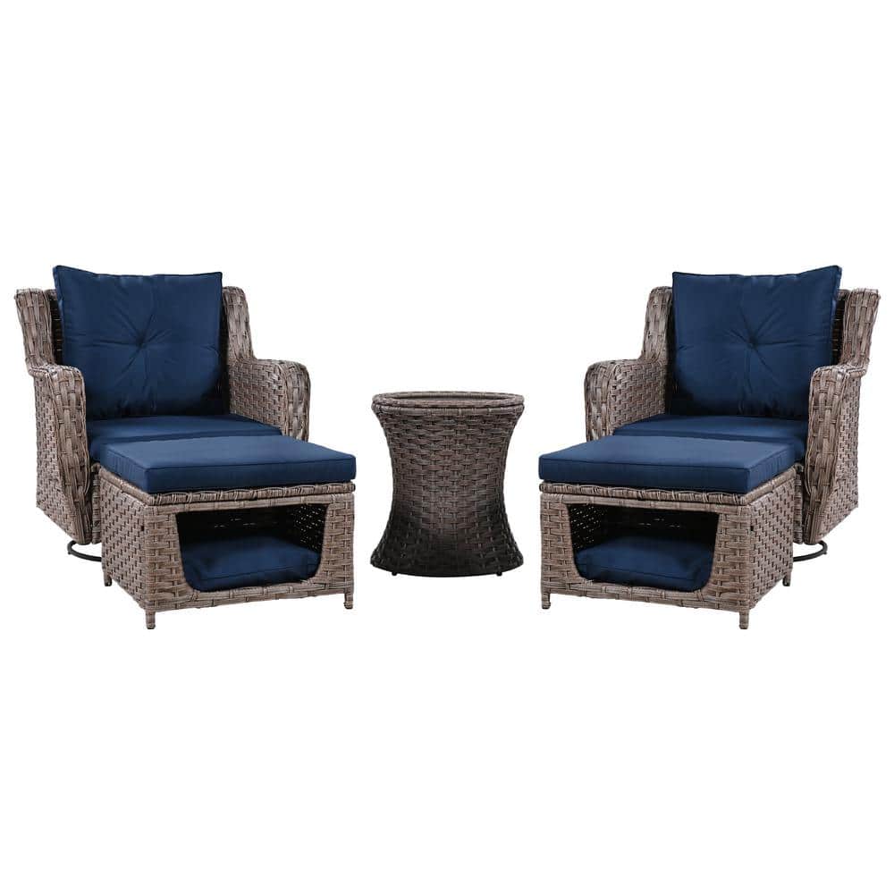 5-Piece Outdoor Wicker Patio Conversation Set with Blue Cushions, Patio Fur