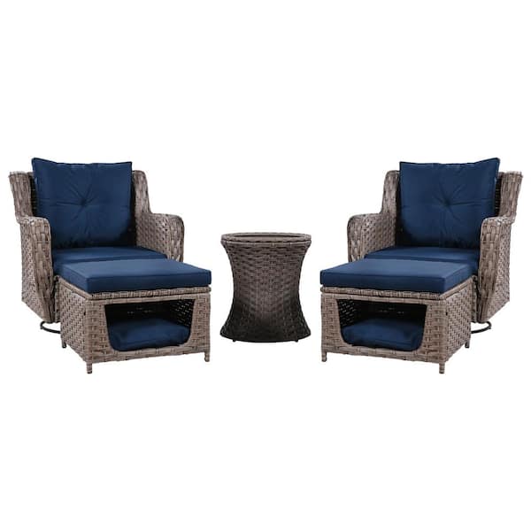 Unbranded 5-Piece Outdoor Wicker Patio Conversation Set with Blue Cushions, Patio Furniture Set with Pet House, Rocking Chairs Set