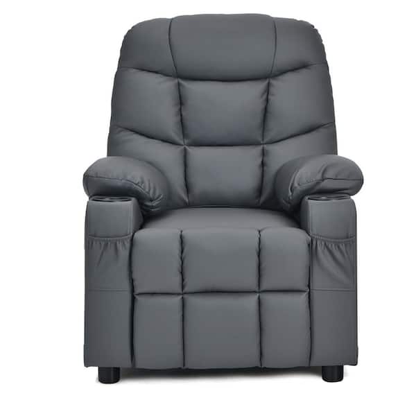 Costway Kids Youth Gray PU Leather Recliner Chair with Cup Holders and Side Pockets