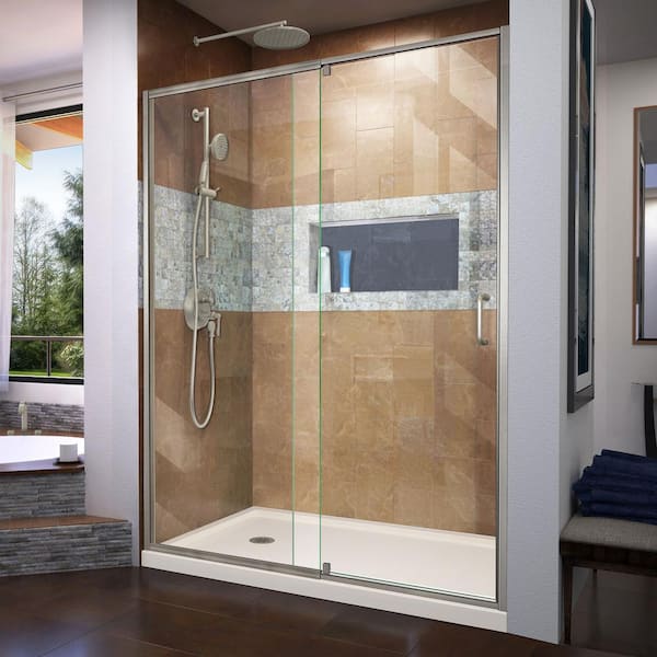 DreamLine Flex 60 in. x 72 in. Semi-Frameless Pivot Shower Door in Brushed Nickel Finish with 60 in. x 30 in. Base in Biscuit