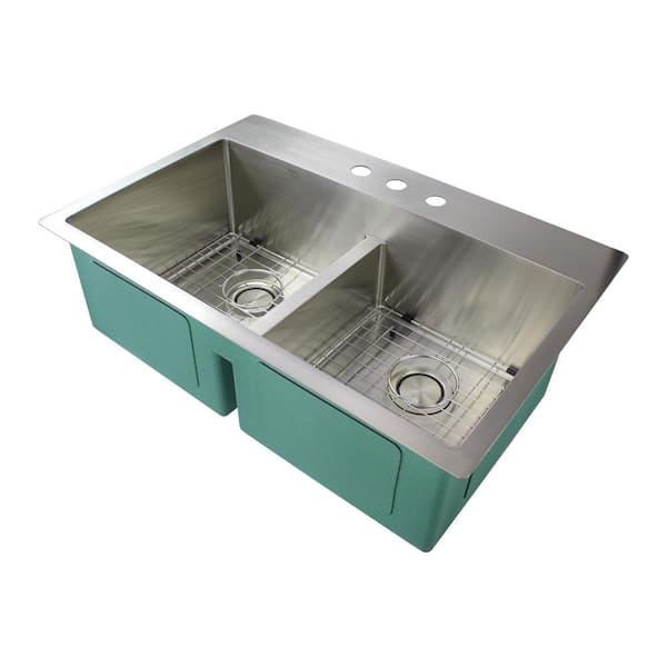 Transolid Diamond Dual Mount Stainless Steel 33 in. 3-Hole Equal Double Bowl Kitchen Sink in Brushed Finish