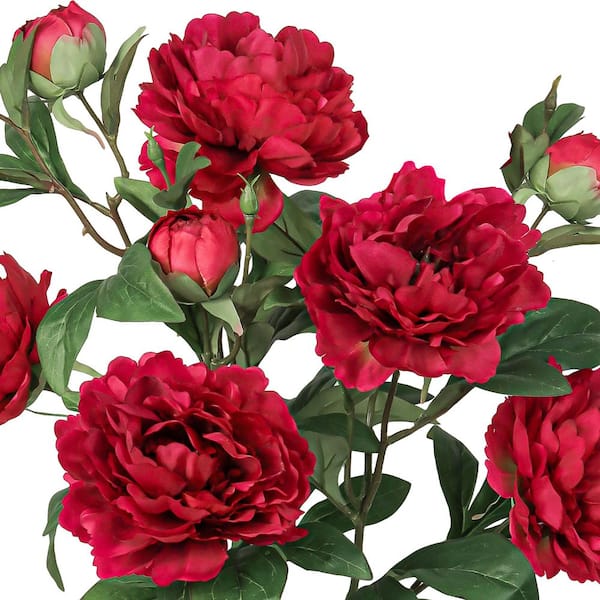22 in. Deluxe Red Artificial Peony Plant Flower Stem Bush Bouquet