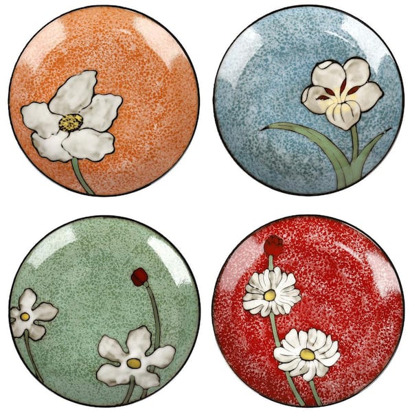 Set of 4 Ceramic Dinner Plates 11 in. Porcelain Large Underglaze Painted Salad and Dessert Plates Combo