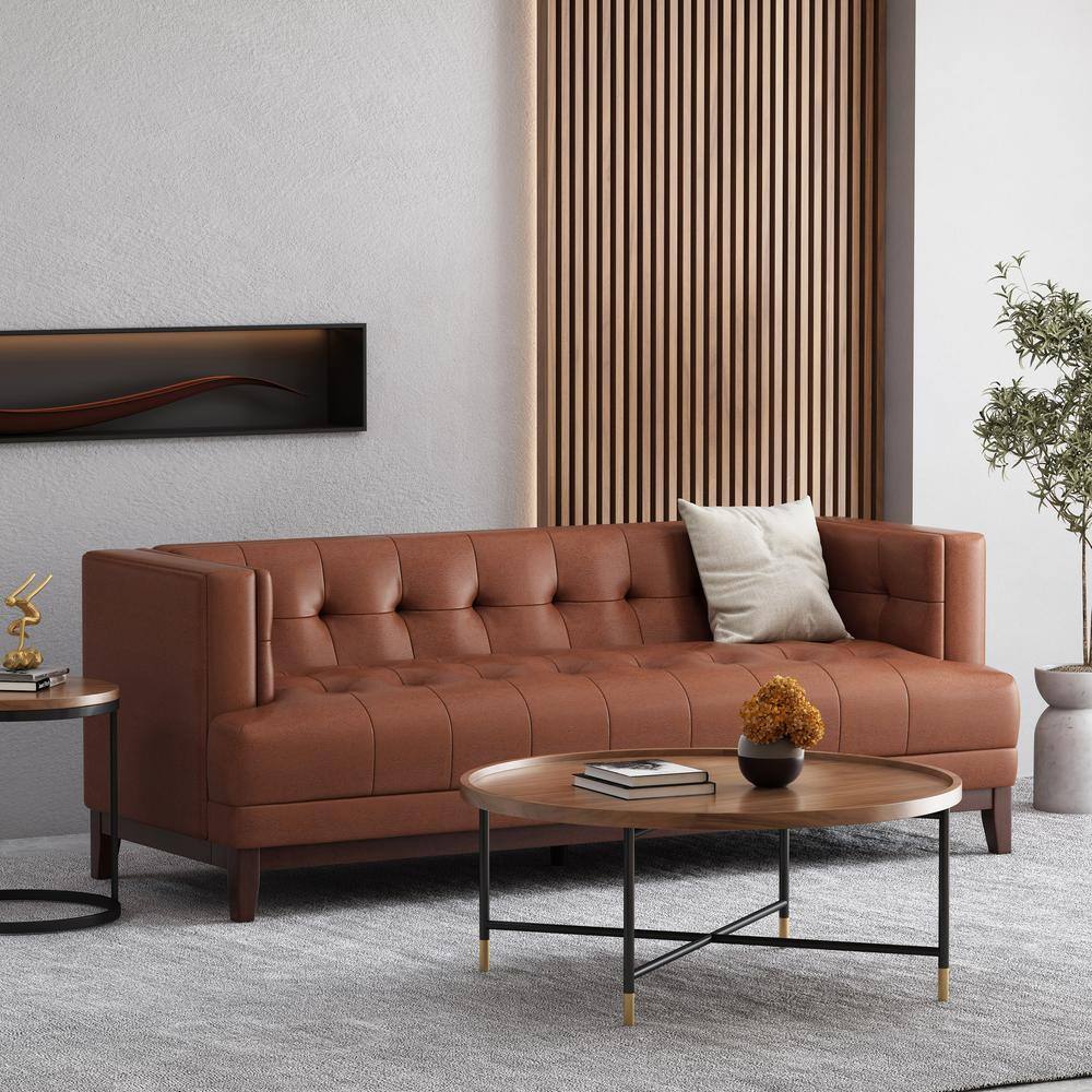 Cognac Brown Faux Leather Tufted Lawson Sofa with Wood Frame