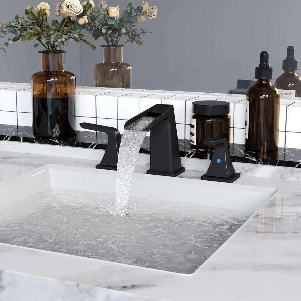 Matte Black Brass Waterfall Spout Bathroom Faucet Set
