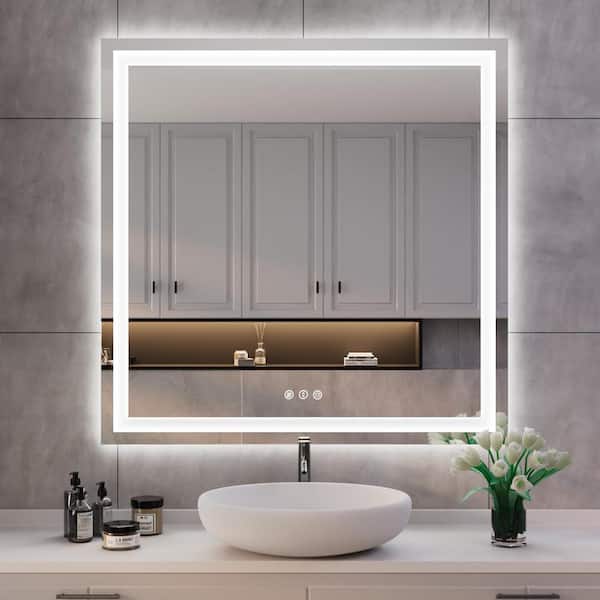 KIOTEE 38 in. W x 38 in. H Square Frameless Front and Back Lighted Anti-Fog Wall Bathroom Vanity Mirror, Tempered Glass, ETL
