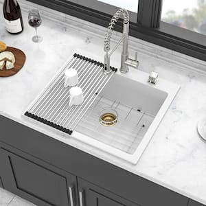 25 in. Drop-in Single Bowl White Quartz Kitchen Sink with Bottom Grids