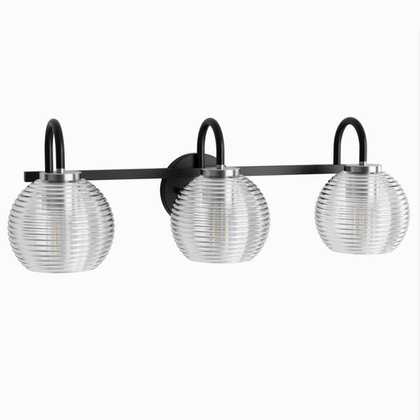 Briignite 25 in. 3-Light Matte Black Vanity Light with Globe Clear Glass Shade No Bulbs Included for Bathroom