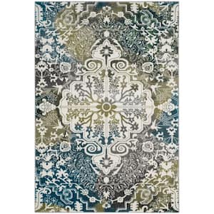 Watercolor Ivory/Peacock Blue 9 ft. x 12 ft. Bohemian Floral Area Rug