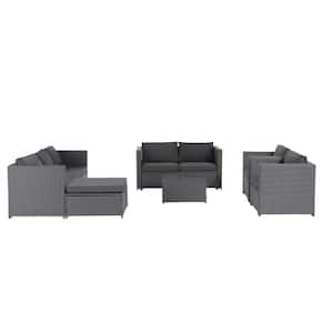 6-Piece Light Gray Wood Outdoor Couch with UV Resistant Frame and Water Resistant Dark Gray Cushions