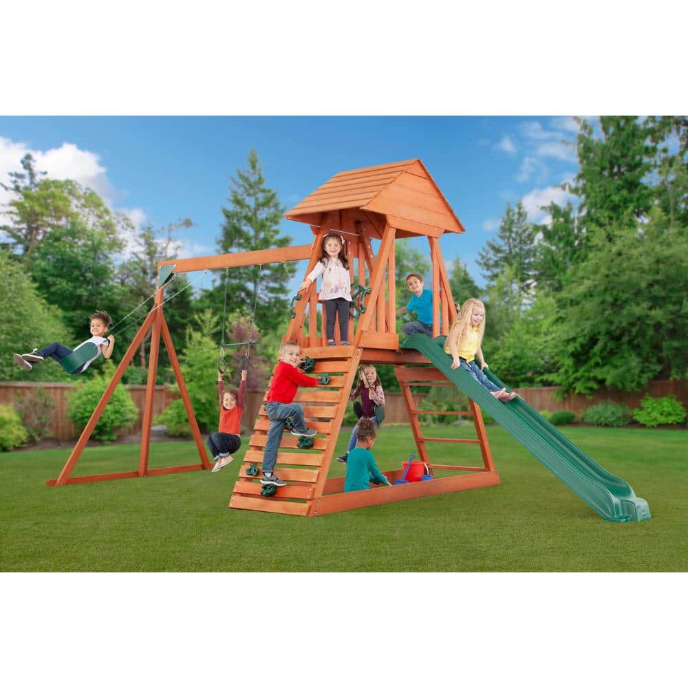 Cedar Chalet Wooden Playset with Slide, Swings, and Fort
