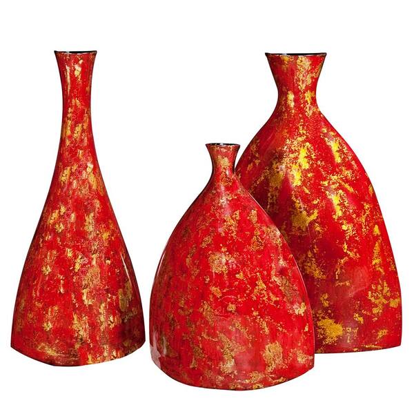 Unbranded Bright Red Lacquer with Gold Accents Ceramic Decorative Vases (Set of 3)