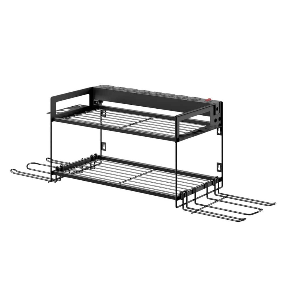 Garage Tools Storage 16.9 in. Black Metal Power Strip Surge Protected 4-Drill Holder Wall Rack with Double Shelves price history on PriceWatchPro