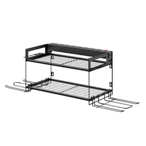 Garage Tools Storage 16.9 in. Black Metal Power Strip Surge Protected 4-Drill Holder Wall Rack with Double Shelves