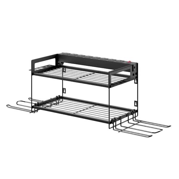 Garage Tools Storage 16.9 in. Black Metal Power Strip Surge Protected 4-Drill Holder Wall Rack with Double Shelves