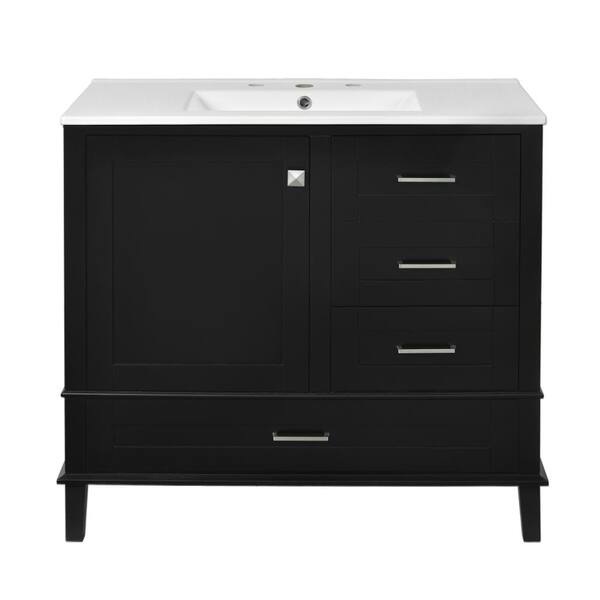 36 in. Freestanding Black Bath Vanity with White Ceramic Top Soft Closing Door and 3 Soft-Closing Drawers