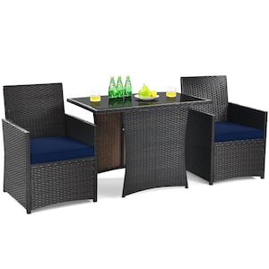 3PCS Wicker Patio Conversation Set Space-Saving Furniture Set with Tempered Glass Top Table and Navy Cushioned Chairs