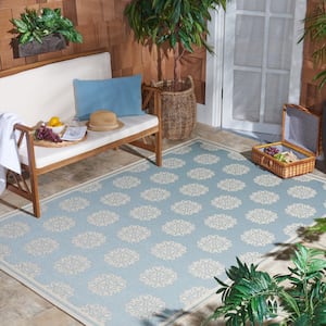 Beach House Aqua/Cream Doormat 2 ft. x 4 ft. Border Geometric Floral Indoor/Outdoor Area Rug