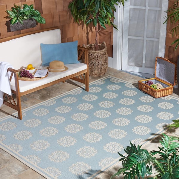 Beach House Aqua/Cream Doormat 2 ft. x 4 ft. Border Geometric Floral Indoor/Outdoor Area Rug