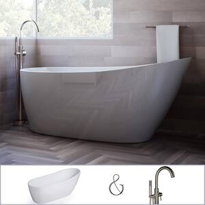 W-I-D-E Series Wakefield 60 in. Acrylic Slipper Free-Standing Flatbottom Bathtub in White, Faucet in Nickel, with Drain
