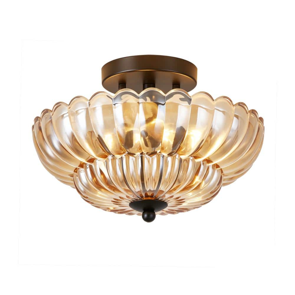 12 in. 3-Light Black and Amber Semi Flush Mount Ceiling Light Fixture for Bedroom Kitchen Living Room Hallway price history on PriceWatchPro