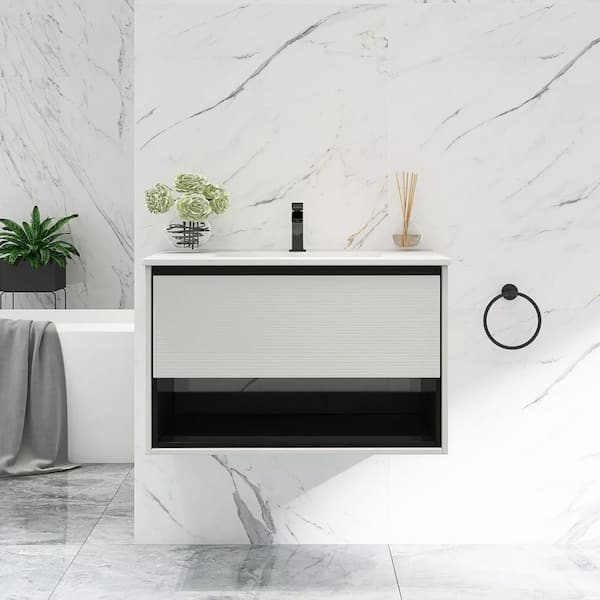 FUNKOL 30 in. W x 18 in. D x 20 in. H Bath Vanity in White with White Ceramics Top