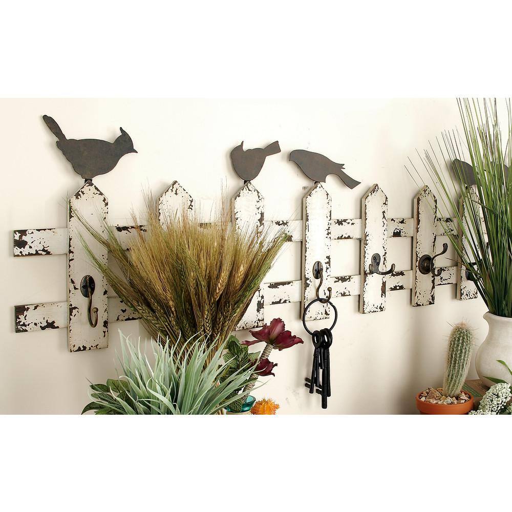 Cream Weathered Wood and Metal Bird Wall Hook Rack