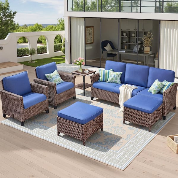Buenaola Nyajiah 6-Piece Wicker Patio Conversation Set with Blue Cushions