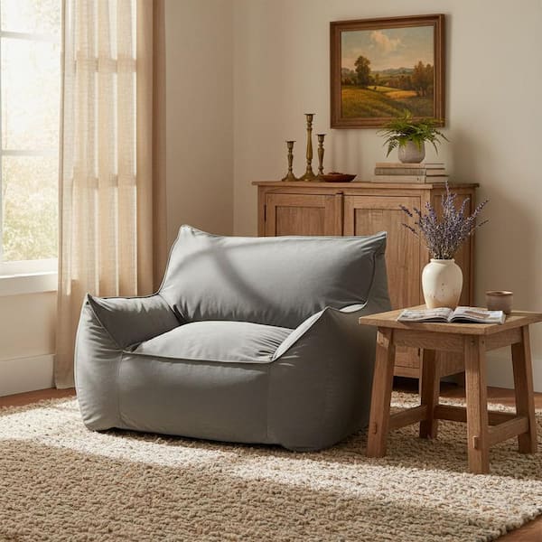 Blap Storm Gray Large Velvet Bean Bag Chair with Armrests and Removable Machine-Washable Cover
