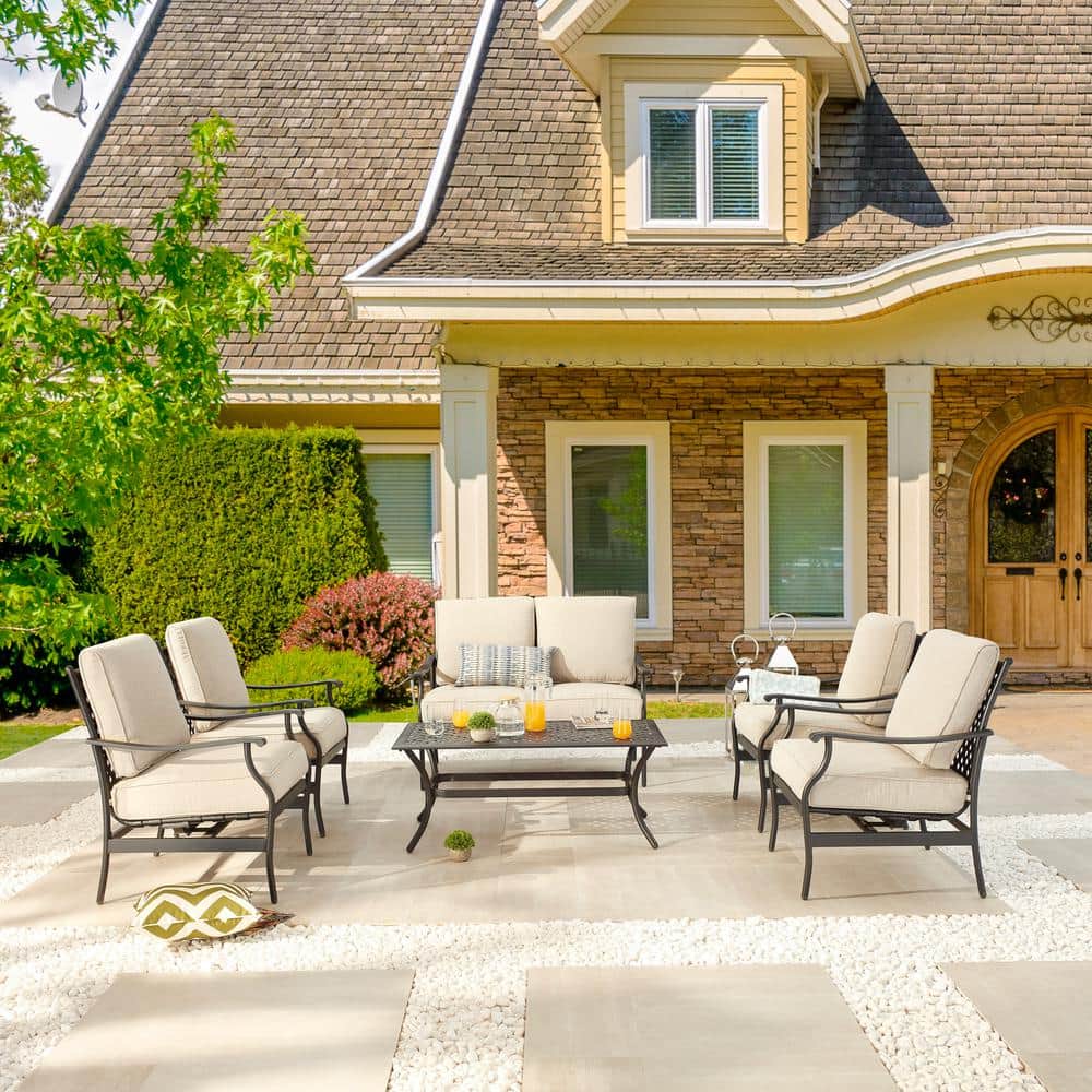 Patio Festival 6Piece Metal Patio Conversation Set with Beige Cushions PF1910410420080W