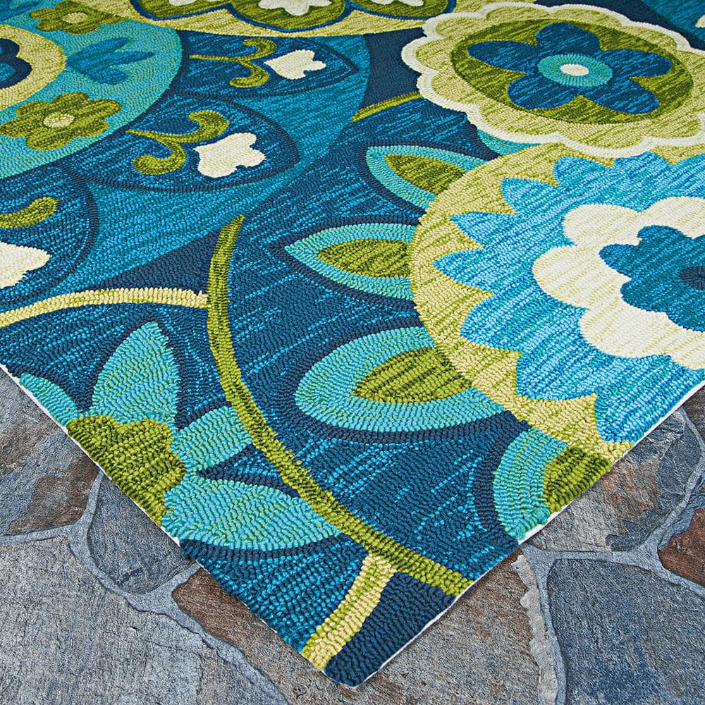 Ocean Blue and Green Floral Synthetic Rectangular Rug, 2' x 4'