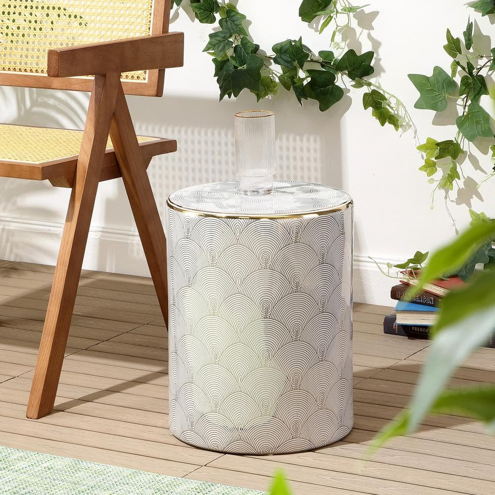 White and Gold Fish Scale Ceramic Garden Stool, 17"