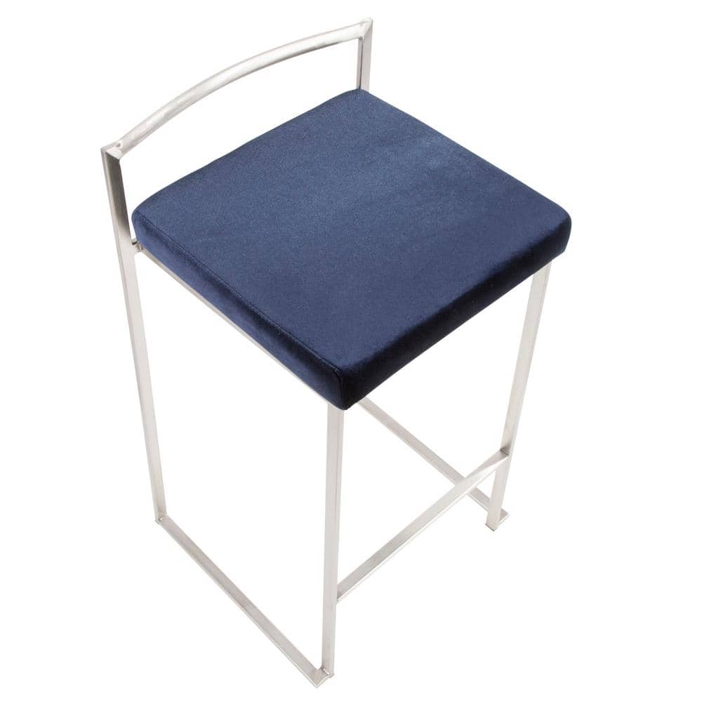 Sleek Stainless Steel Counter Stool with Blue Velvet Cushion - Set of 2