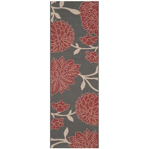Courtyard Anthracite/Red 2 ft. x 10 ft. Floral Scroll Indoor/Outdoor Patio  Runner Rug