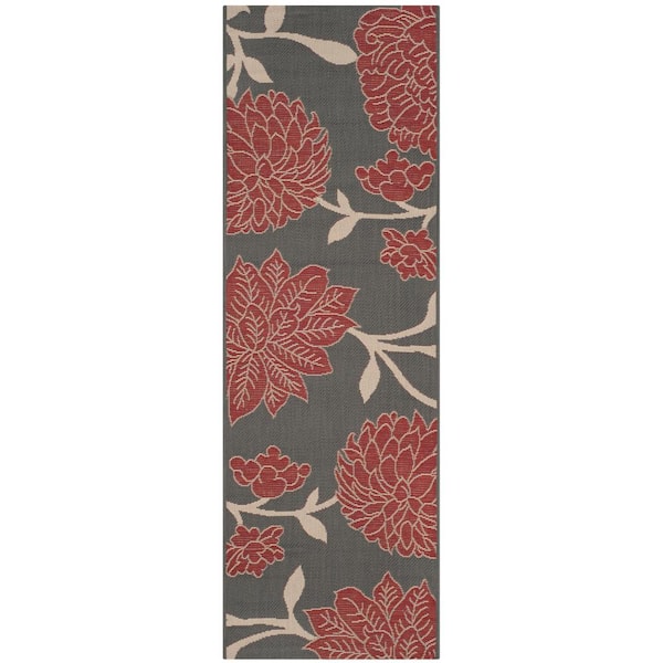SAFAVIEH Courtyard Anthracite/Red 2 ft. x 10 ft. Floral Scroll Indoor/Outdoor Patio  Runner Rug