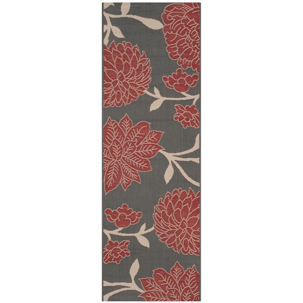 SAFAVIEH Courtyard Anthracite/Red 2 ft. x 8 ft. Floral Scroll Indoor/Outdoor Patio  Runner Rug