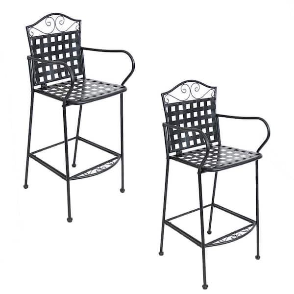 Sunnydaze Black Wrought Iron Scrolling Outdoor Bar Chairs (Set of 2)