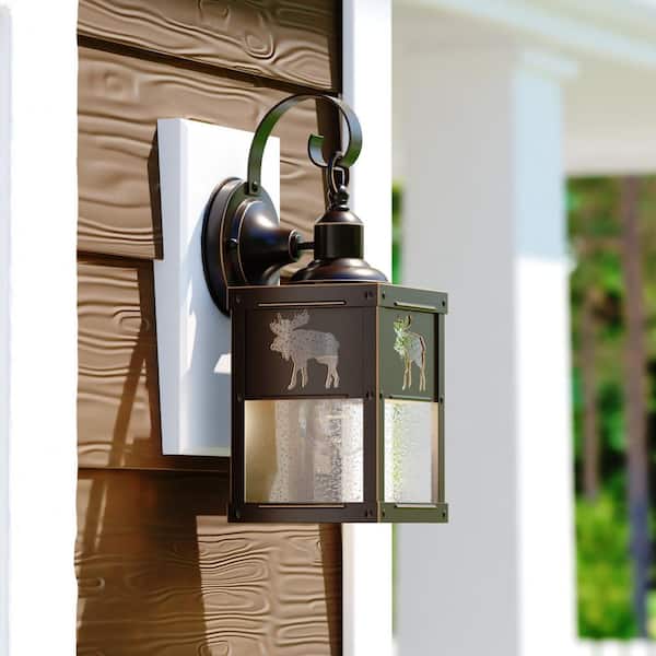 VAXCEL Yellowstone 1-Light Burnished Bronze Rustic Moose Tree Outdoor Wall Sconce Lantern Clear Glass
