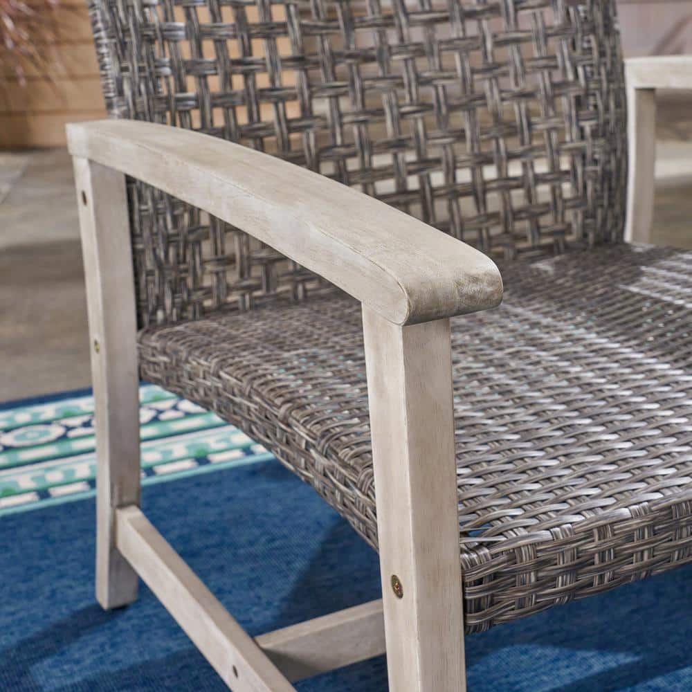 Gray and Black Acacia Wood Resin Wicker Lounge Chairs, Set of 4