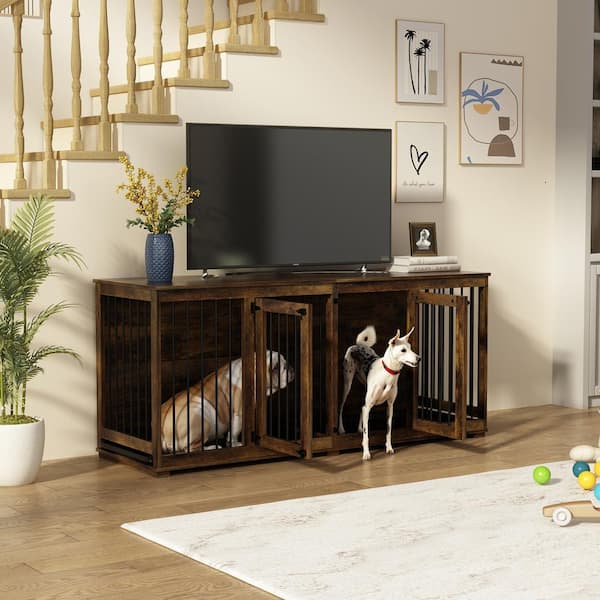 Tiger Skin Dog Crate Furniture for 2 Dogs, XXL Heavy-Duty Wooden Dog Crate with Trays and Divider for Large Medium Dog