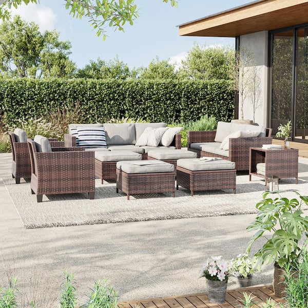 9-Piece Brown Wicker Outdoor Seating Sofa Set with Coffee Table, Linen Grey Cushions