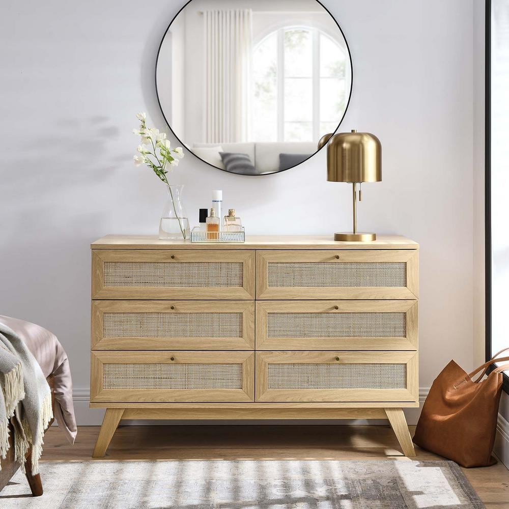 Soma 6-Drawer Double Dresser with Rattan Weave - Oak