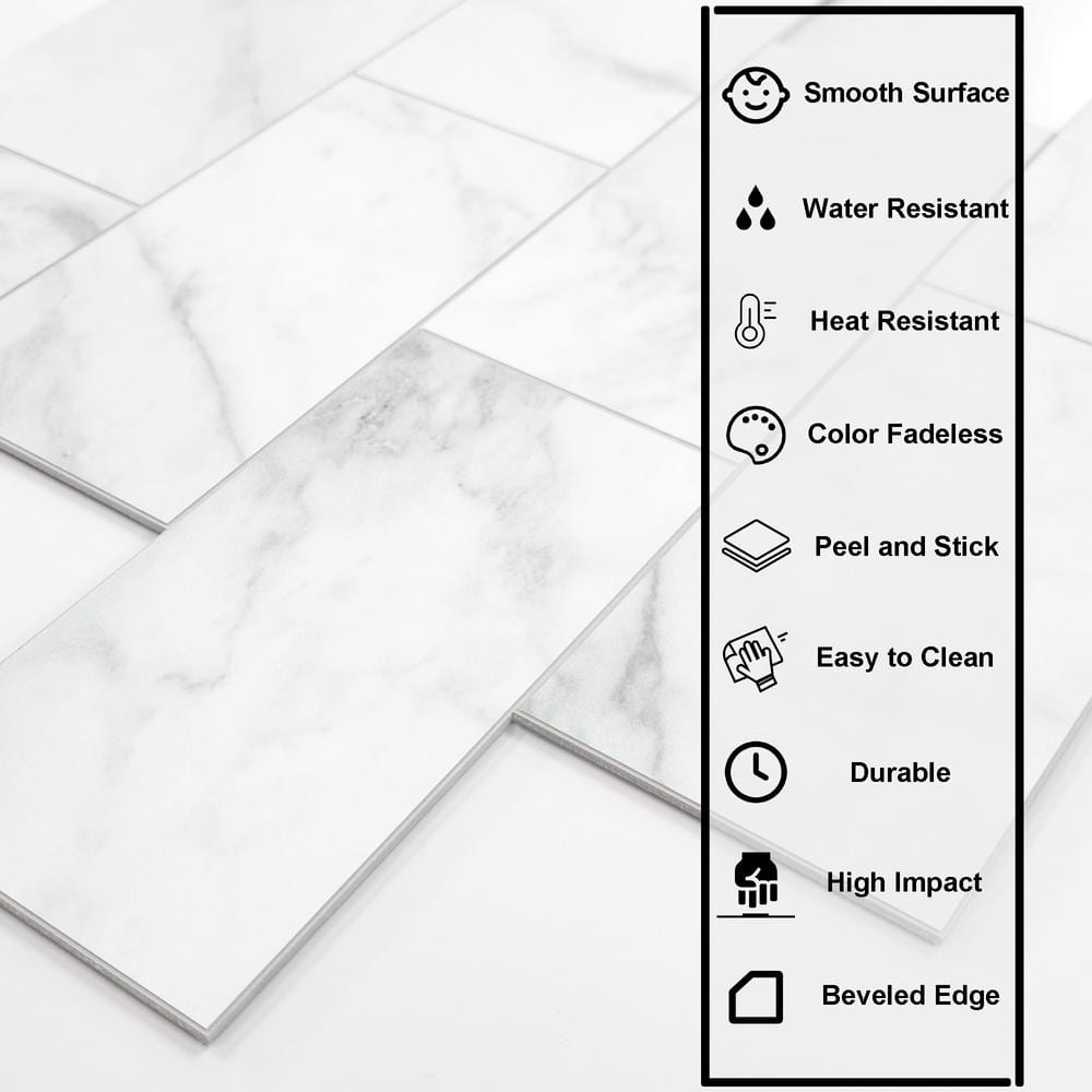 12'' x 12'' White Marble Peel and Stick Subway Tile